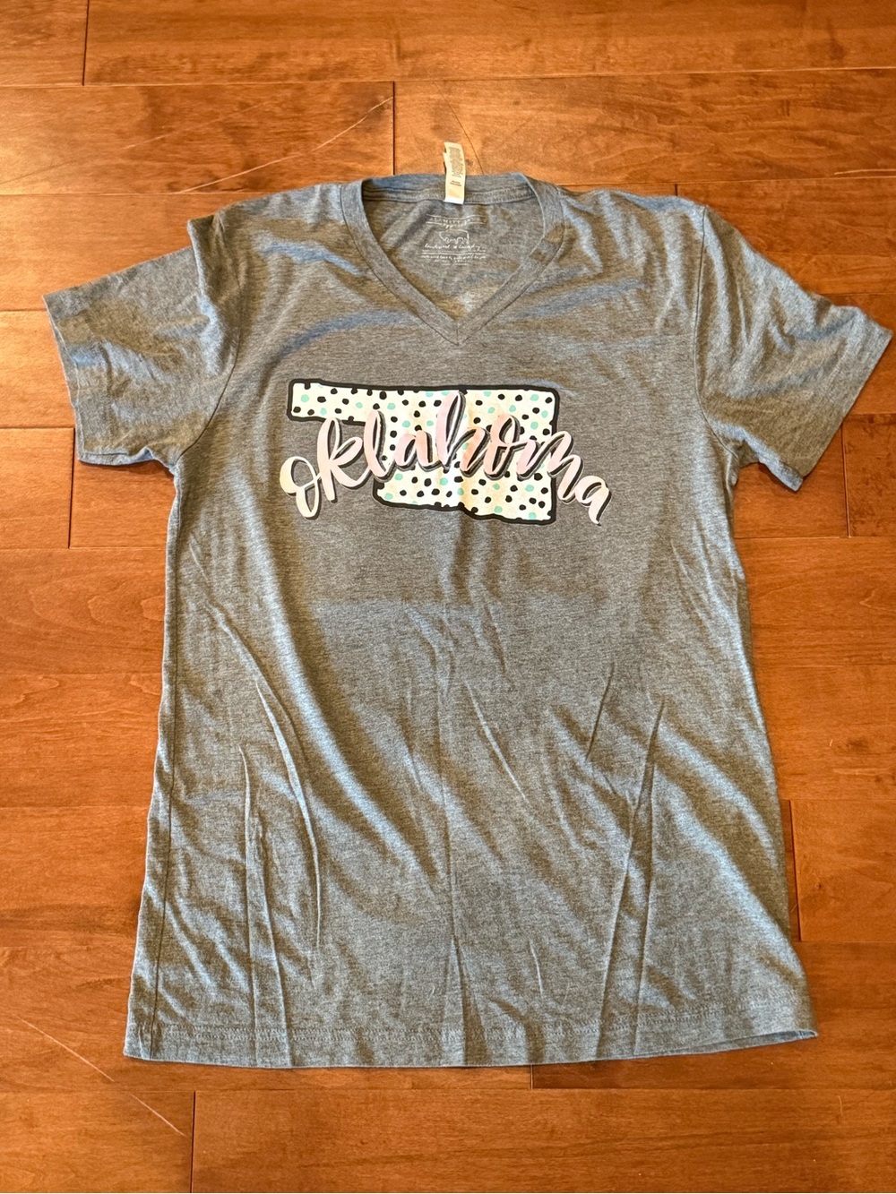 CalamityJane brand Gray Oklahoma Polka Dot Graphic V‑Neck soft Bella Canvas Tee